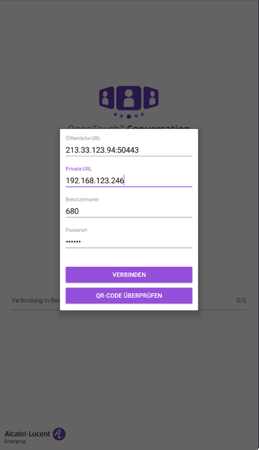 Alcatel Telefonanlagen App Verbindungseinstellungen
